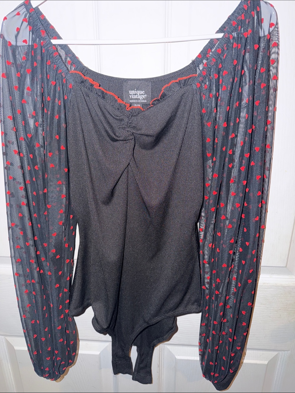 Unique Vintage Black Bodysuit with Red Heart Mesh Sleeves